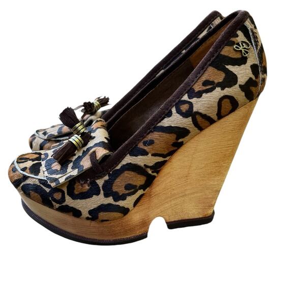 Y2K Sam Edelman Wesley Pump Calf Hair Leather Tassel Fringe Leopard Shoe 7.5 - Picture 1 of 13